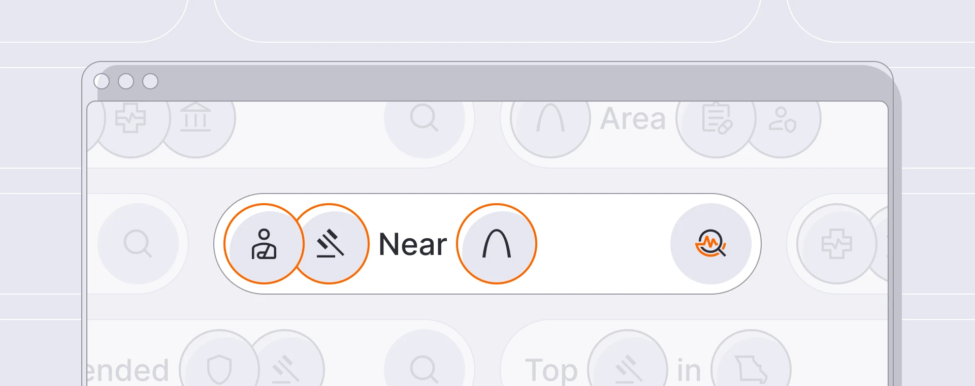 Mobile app interface showing a rounded toolbar with the word 'Near' and circular icons outlined in orange, including a person icon beyond the left edge.