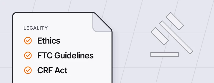 Document illustration listing ethics, FTC guidelines, and CRF Act requirements beside a gray compliance symbol on a grid background
