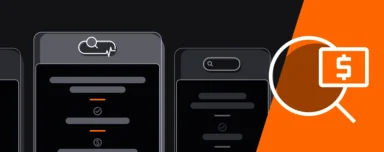 Dark-themed illustration showing website panels with search and performance icons beside a magnifying glass highlighting a dollar symbol
