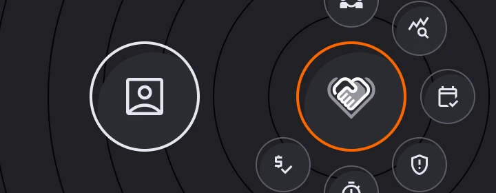 Circular graphic with a heart icon in the center surrounded by service icons including profile image, analytics, scheduling, protection, and pricing symbols