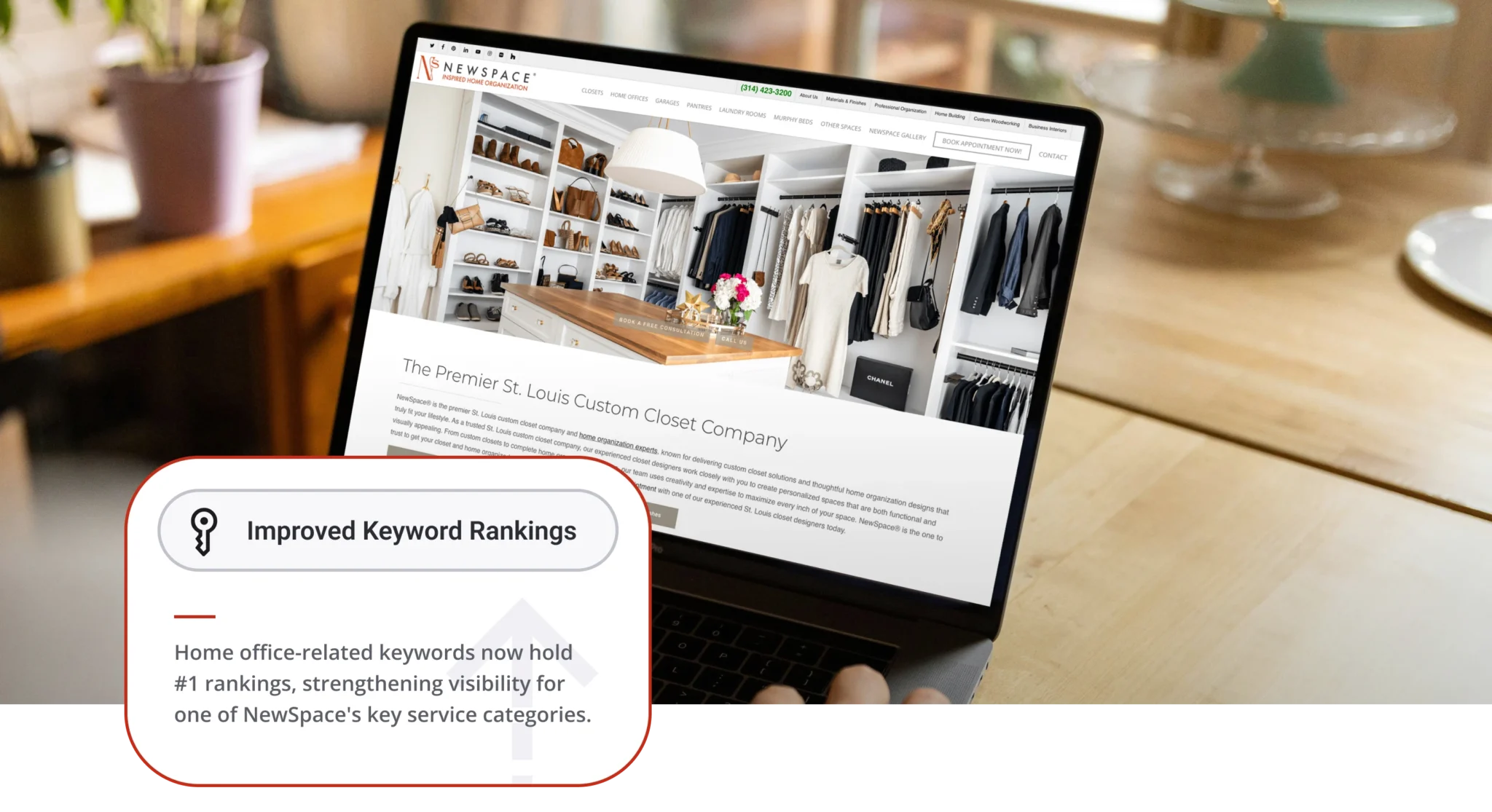 Laptop screen shows a boutique closet website with shelves of clothes, shoes, and handbags.0 The page is overlaid by a card labeled 'Improved Keyword Rankings'.