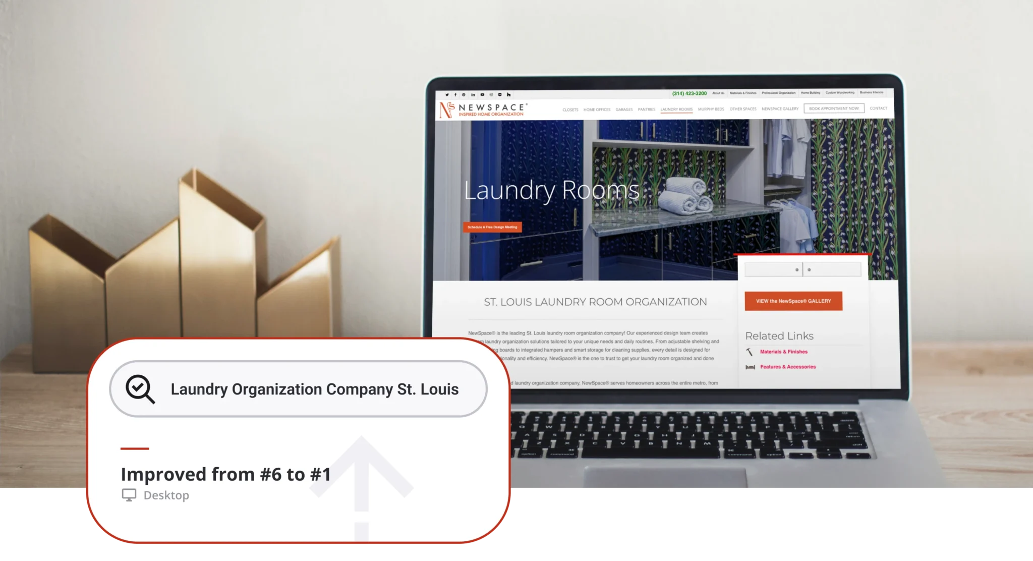 Laptop screen shows a laundry-rooms design page with a search card reading 'Laundry Organization Company St. Louis'.