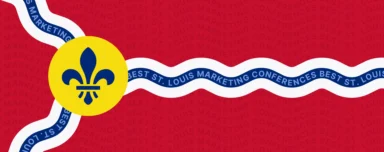 Banner promoting Best St. Louis Marketing Conferences, featuring a yellow fleur-de-lis emblem and blue-and-white wavy ribbons on a red background.