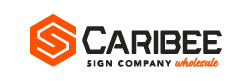 Caribee Sign Company logo featuring an orange hexagon emblem and bold black wordmark, with a small orange accent word beneath.