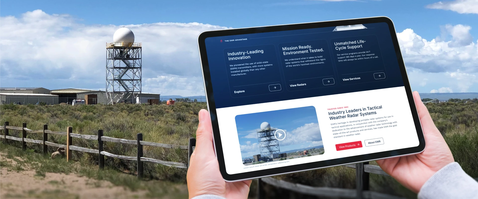 EWR Radar Systems website displayed on a tablet beside a weather radar tower, highlighting radar technology, innovation, and support services.