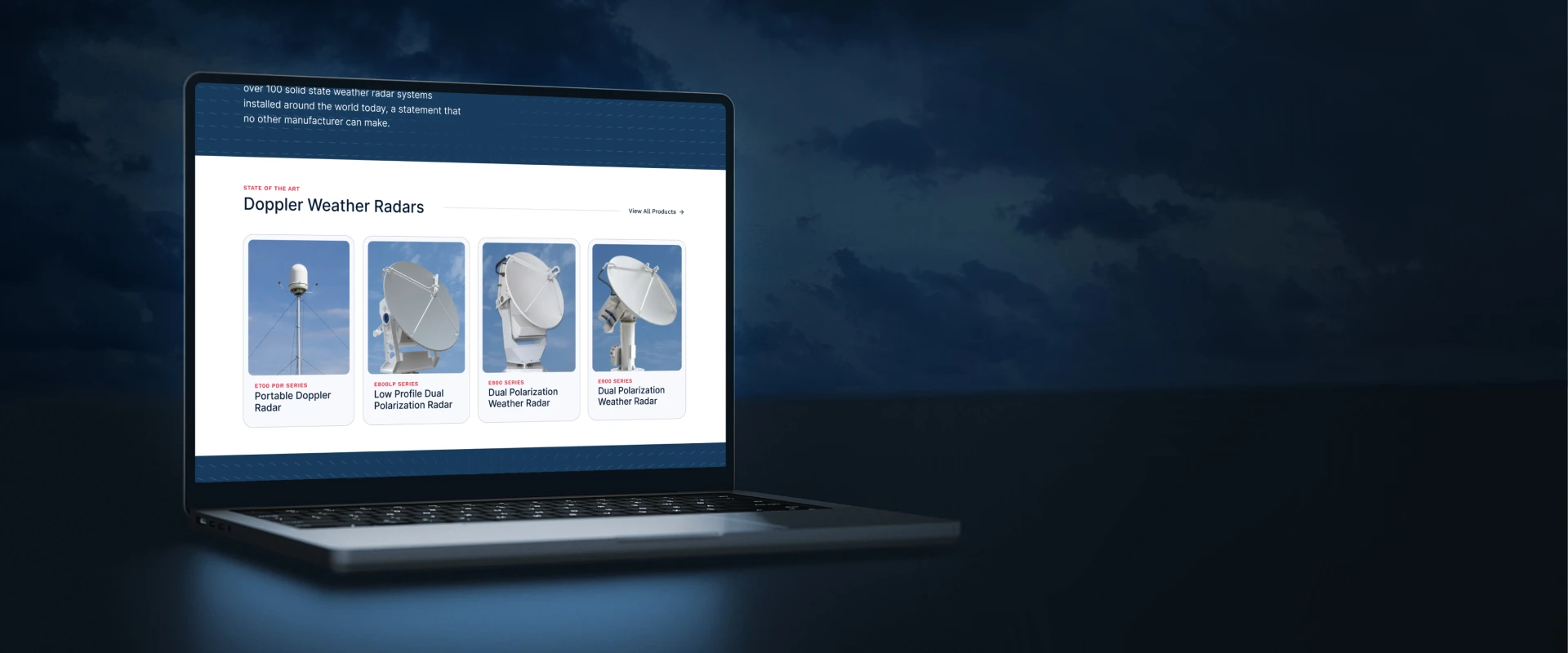 EWR Radar Systems website displayed on a laptop, showcasing its Doppler weather radar products and equipment.
