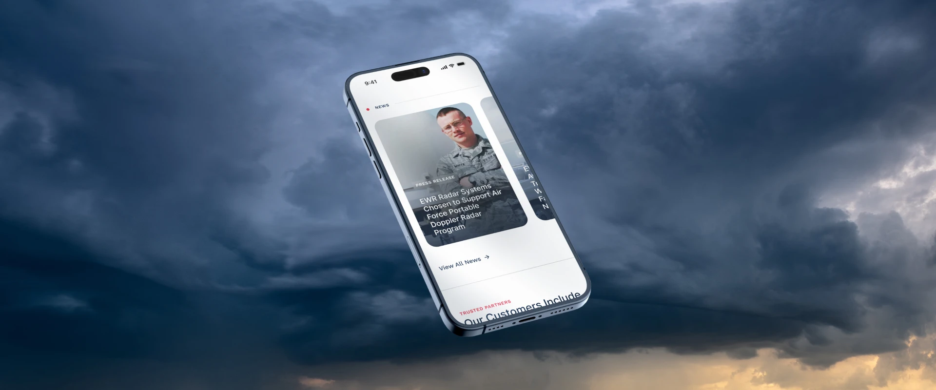 EWR Radar Systems mobile website displaying a news article about its selection for a U.S. Air Force portable Doppler radar program.