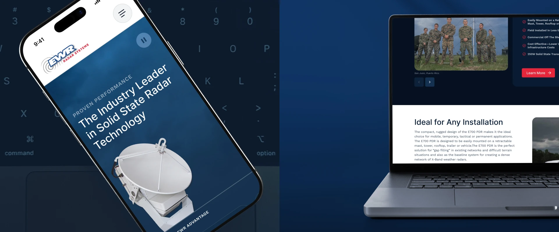 EWR Radar Systems responsive website displayed on a smartphone and laptop, featuring solid state radar technology and product information.