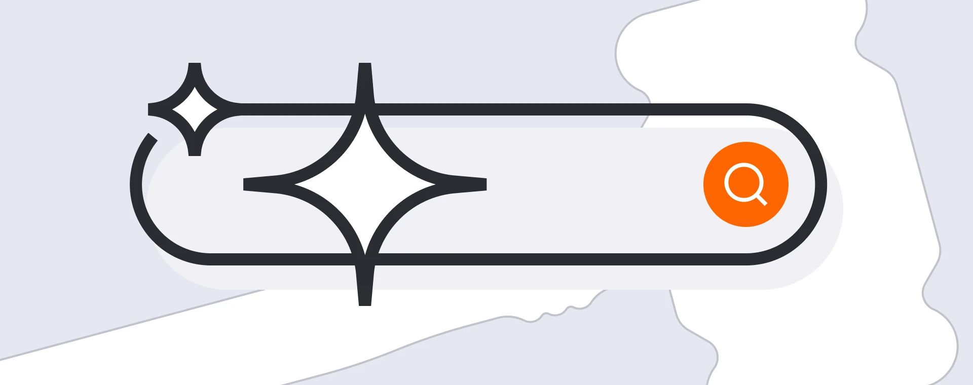 Large rounded search bar with an outline in dark gray and featuring two white four-point sparkle icons against a light lavender background with abstract white shapes.