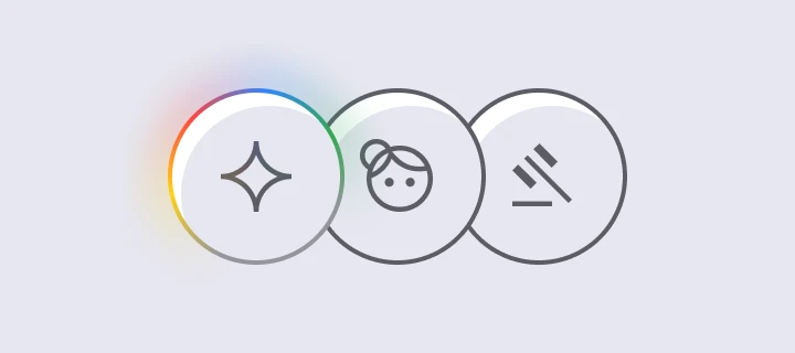 Three overlapping circular icons on a light lavender background, featuring a four-point AI sparkle symbol surrounded by a rainbow-colored ring, an older adult's face with glasses, and a judge's gavel representing legal services.