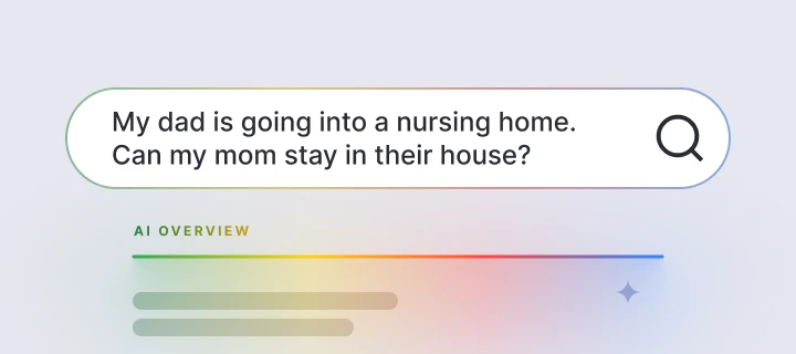 Illustrated AI search results page featuring the question, "My dad is going into a nursing home. Can my mom stay in their house?" inside a rounded search bar with a magnifying glass icon, followed by an "AI Overview" heading, a multicolored gradient line, and placeholder answer text on a light lavender background.