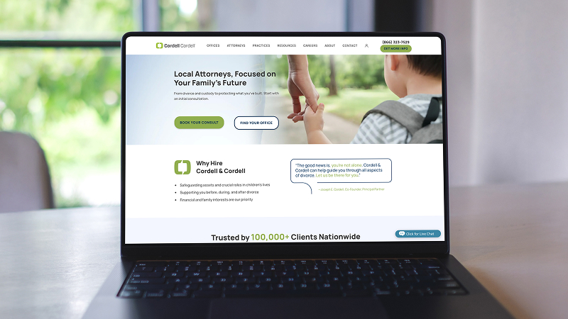 Cordell Cordell family law firm website homepage displayed on a laptop, featuring attorney services and consultation options.