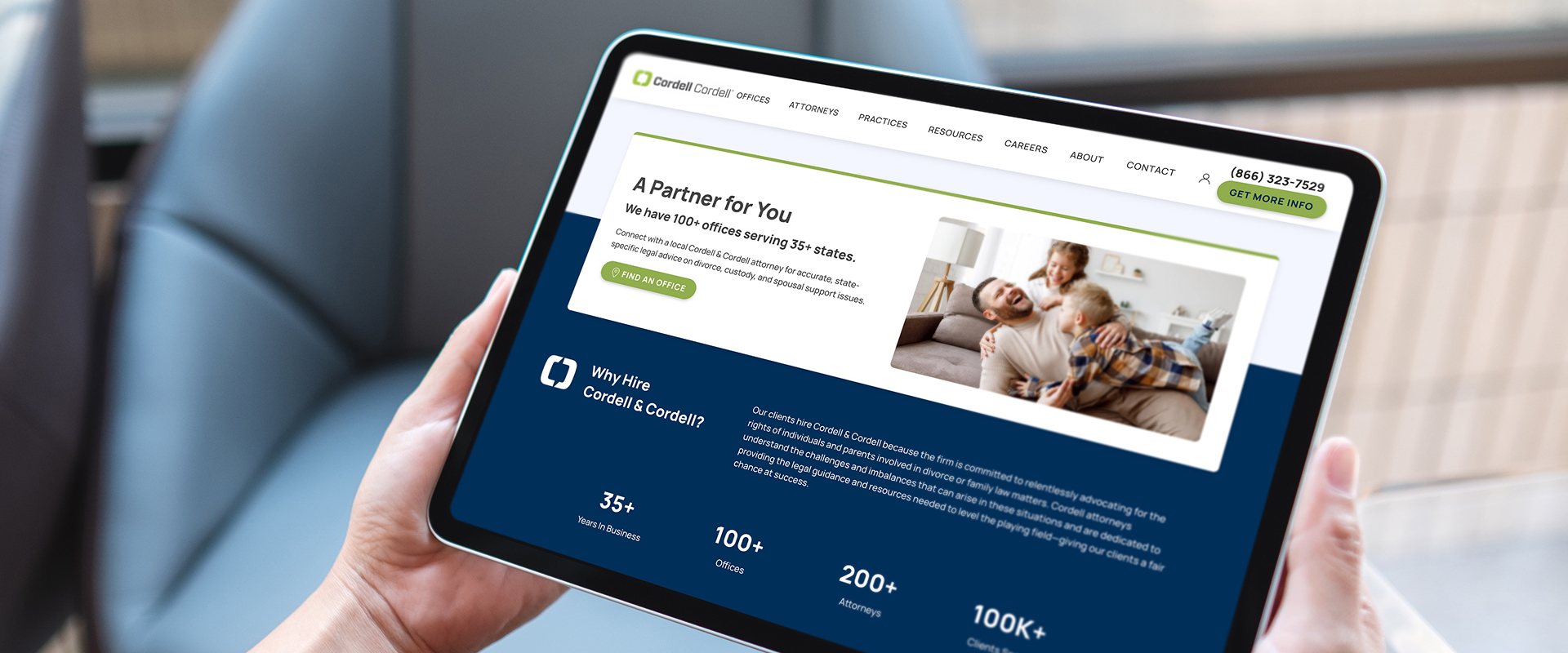 Cordell Cordell website displayed on a tablet, highlighting the firm's nationwide presence, attorneys, and family law services.