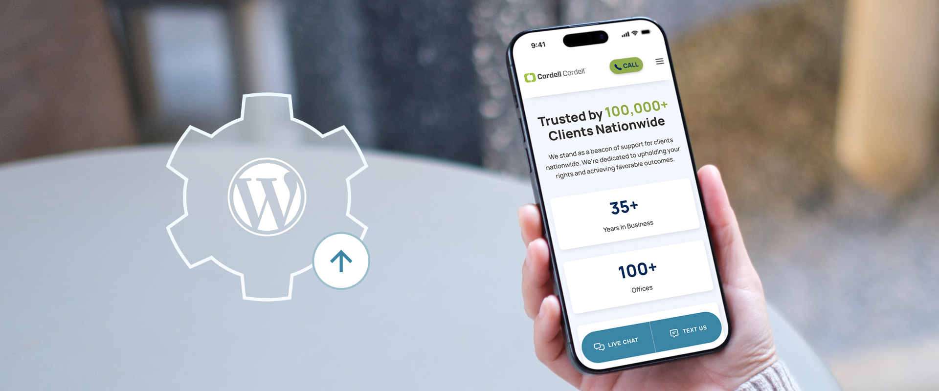 Cordell Cordell mobile website displayed alongside a WordPress maintenance icon, representing ongoing website support and optimization.
