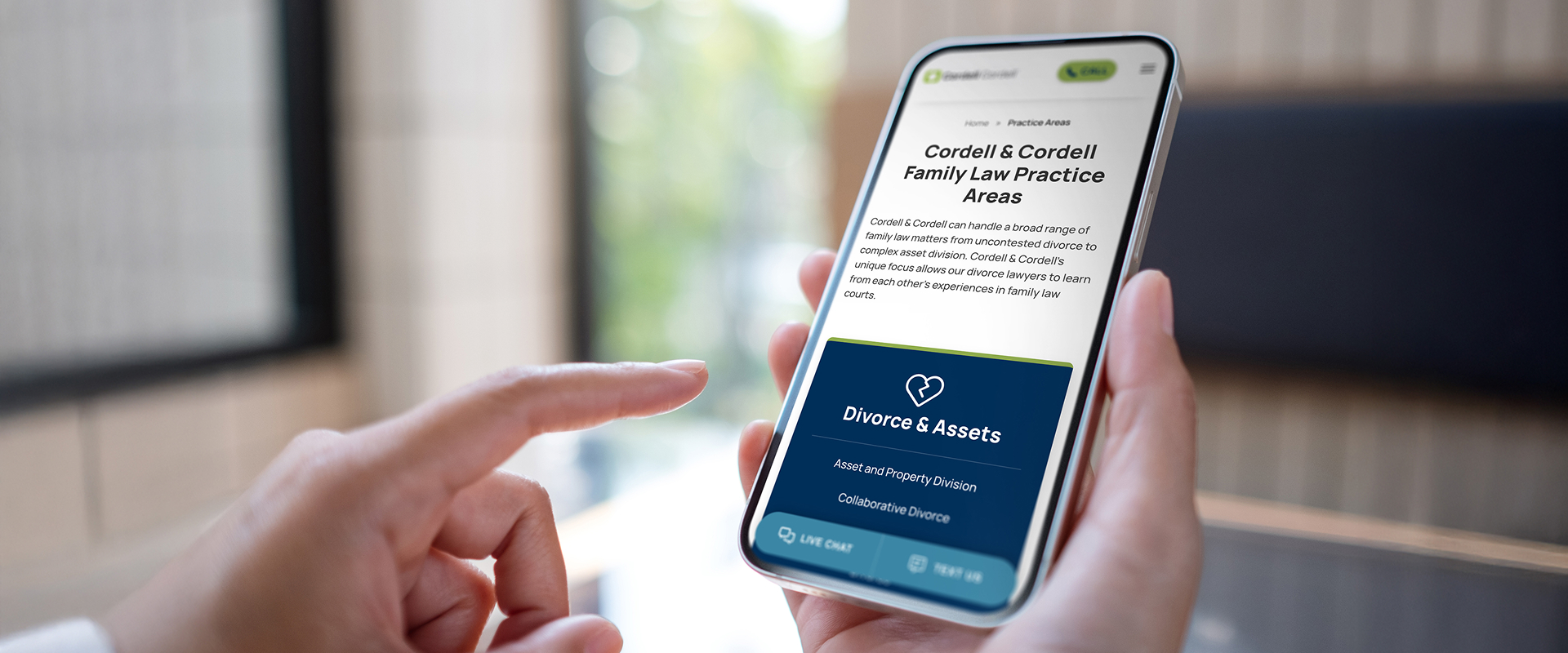 Cordell Cordell mobile website displaying family law practice areas, including divorce, asset division, and legal separation.