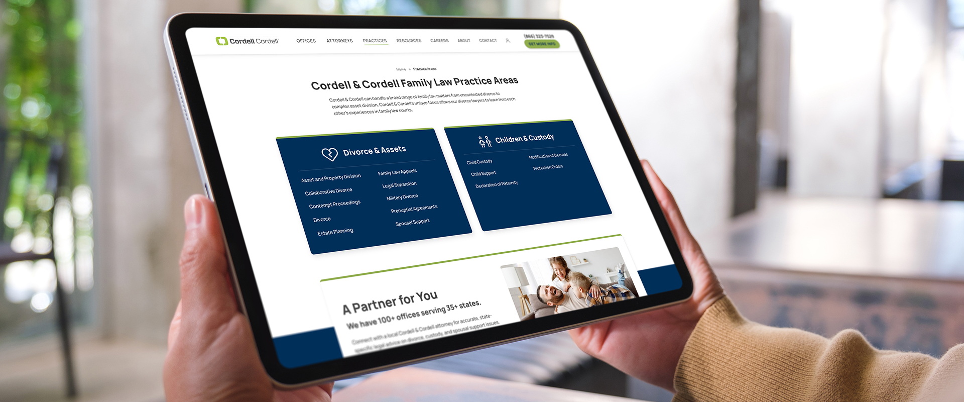 Cordell Cordell family law practice areas webpage displayed on a tablet, highlighting divorce, asset division, child custody, and child support services.