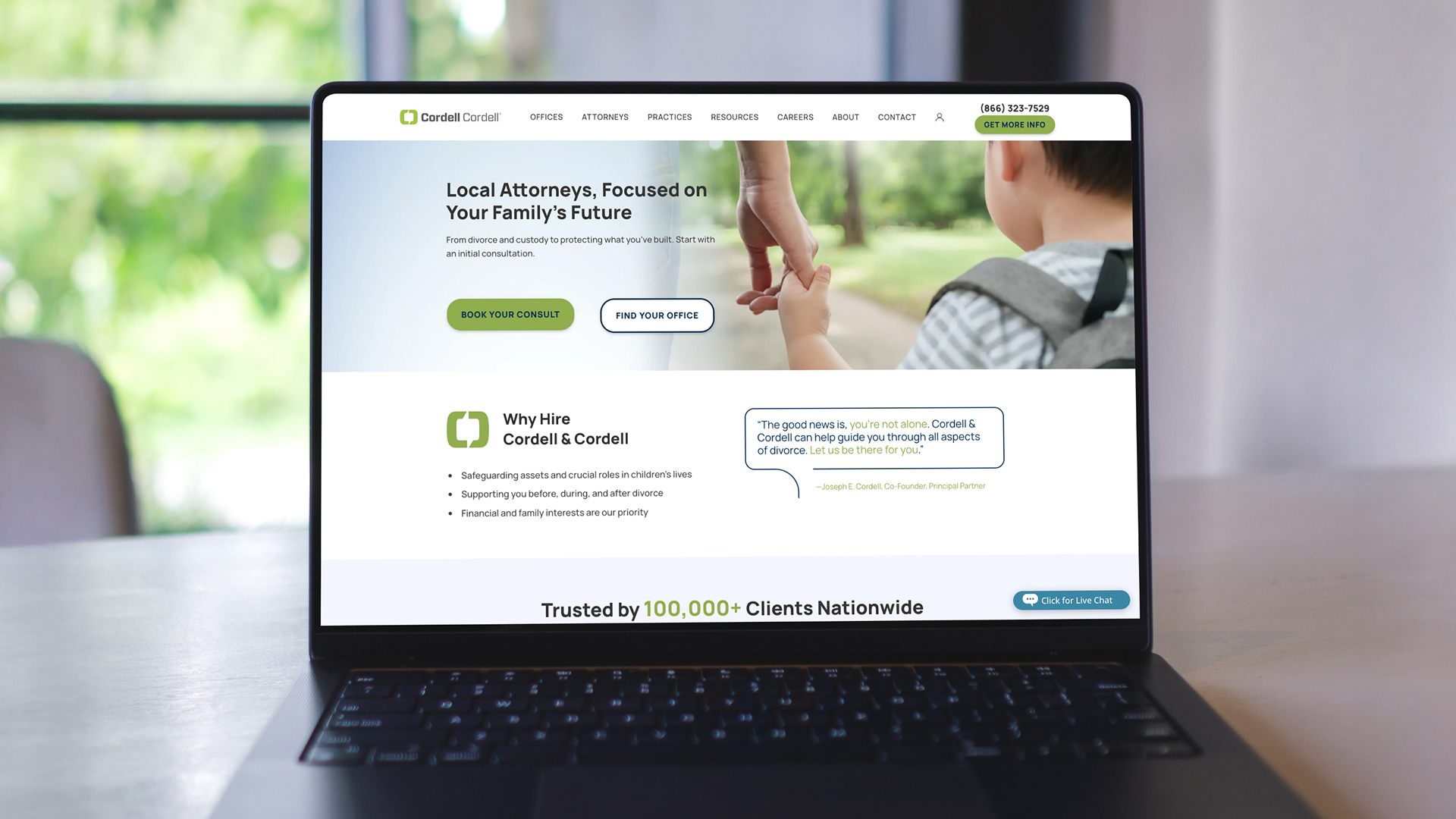 Cordell Cordell family law firm website homepage displayed on a laptop, featuring attorney services and consultation options.